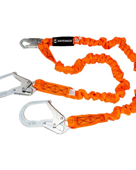 Safewaze VLINE 6’ Stretch Internal Energy Absorbing Lanyard: Dual Leg, Rebar Hooks
