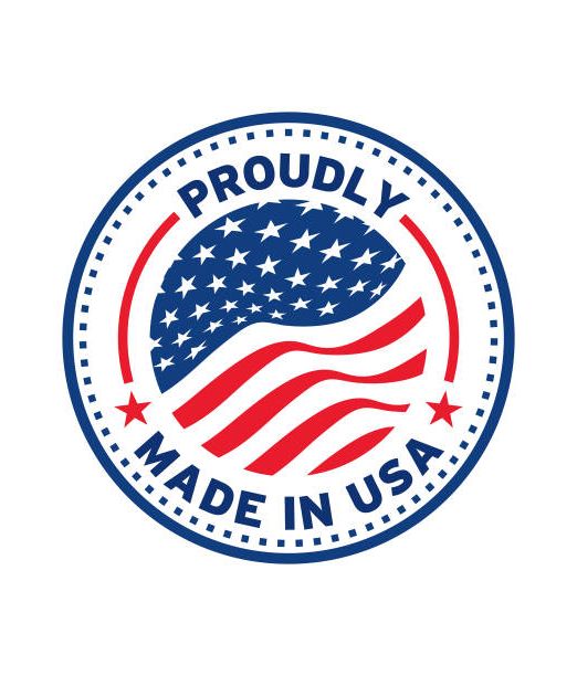 Made in USA label icon with American flag seal. Quality badge for US made certified premium package design